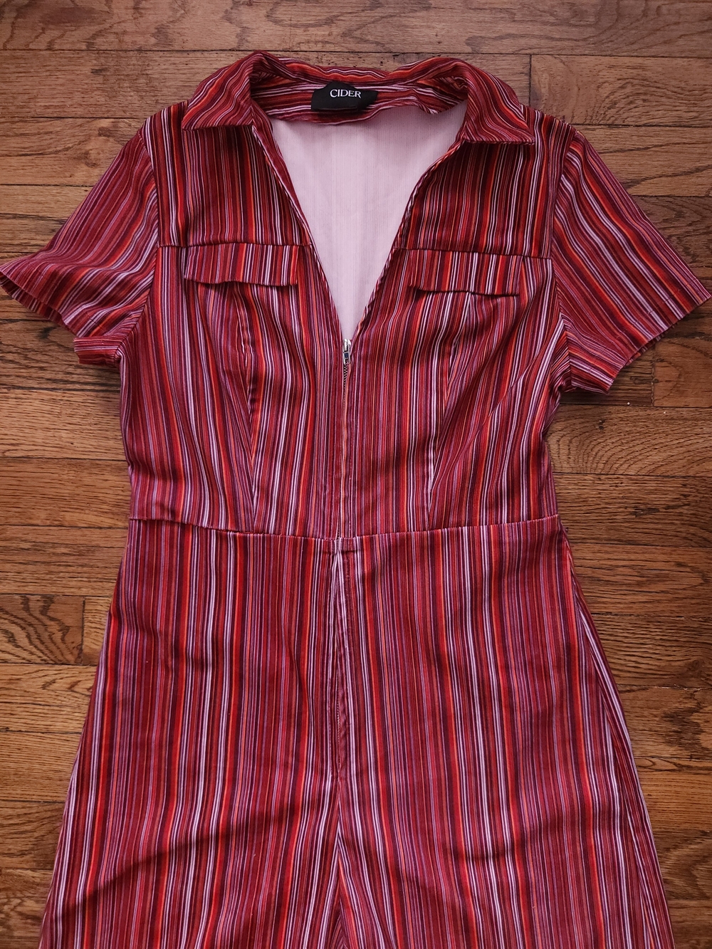 Cider Red Striped Wide Leg Jumpsuit • Vintage-Style 70s Disco Boho - Picture 2 of 11